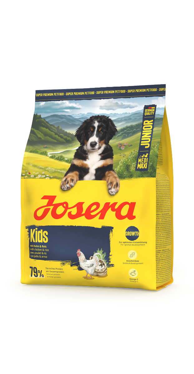 Josera Kids Junior Hundefutter Vorderseite – für heranwachsende Hunde mit Huhn & Reis, unterstützt Knochenbau und Entwicklung