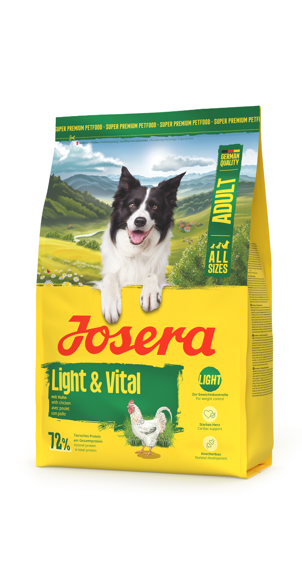 Josera Light & Vital Hundefutter für erwachsene Hunde – Vorderseite der Verpackung mit Border Collie und Huhn, geeignet für alle Größen