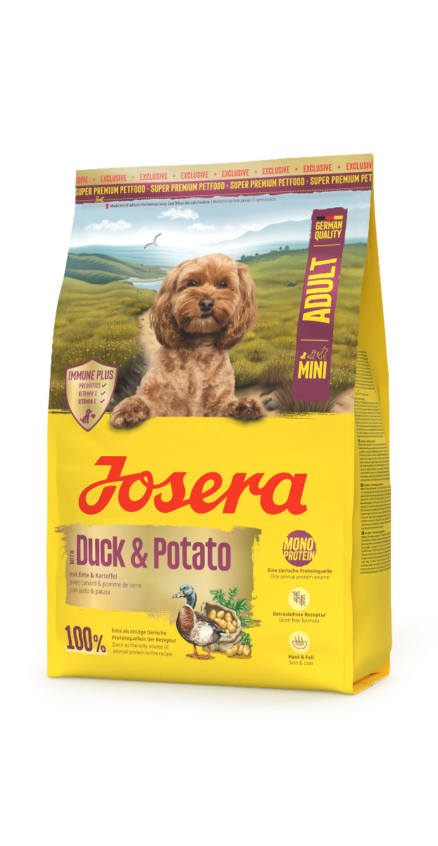 Produktverpackung Josera Mini Duck & Potato – getreidefreies Trockenfutter mit Ente und Kartoffel für kleine Hunde