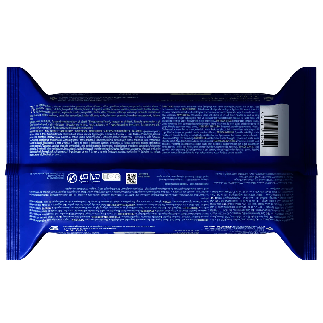 Untere Ansicht der DOUXO SPA Feuchttücher Verpackung mit 100 Tüchern für Hunde und Katzen