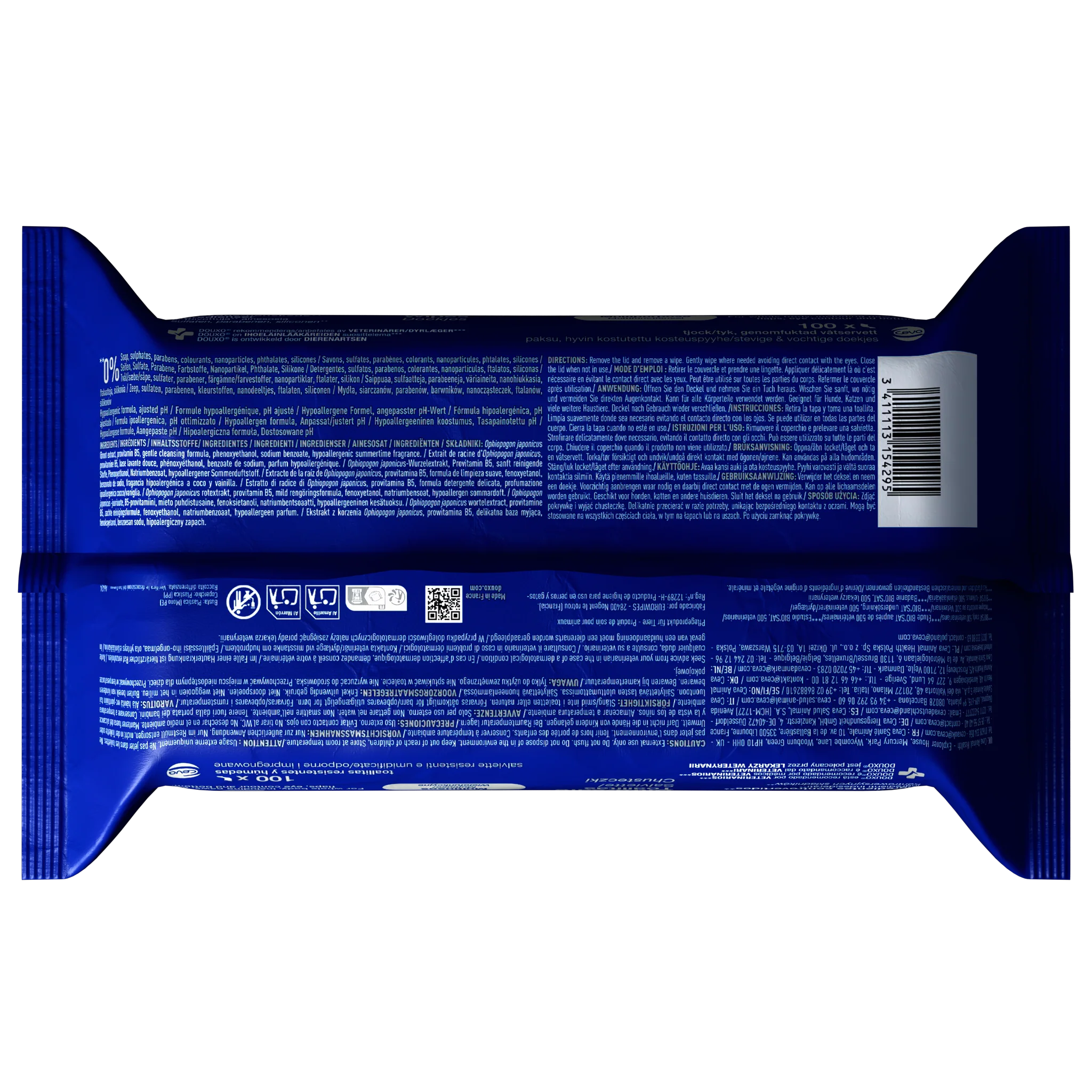 Untere Ansicht der DOUXO SPA Feuchttücher Verpackung mit 100 Tüchern für Hunde und Katzen