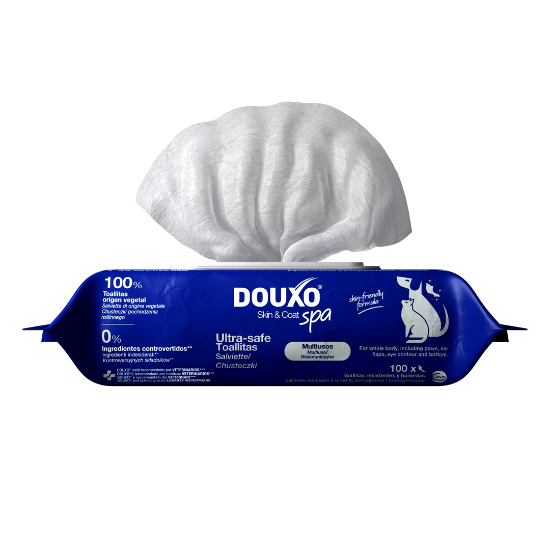 Vorderansicht der DOUXO SPA Feuchttücher Verpackung für Hunde und Katzen, 100 Stück