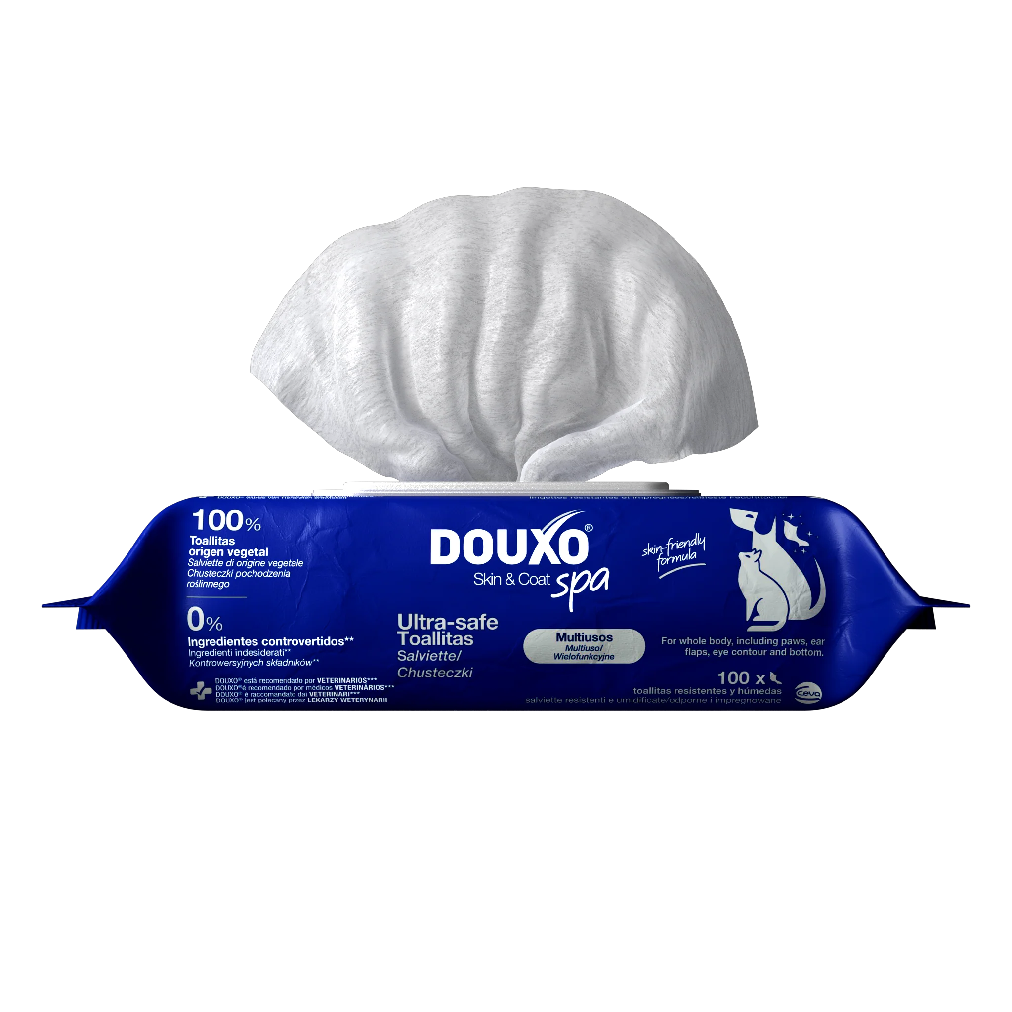 Vorderansicht der DOUXO SPA Feuchttücher Verpackung für Hunde und Katzen, 100 Stück