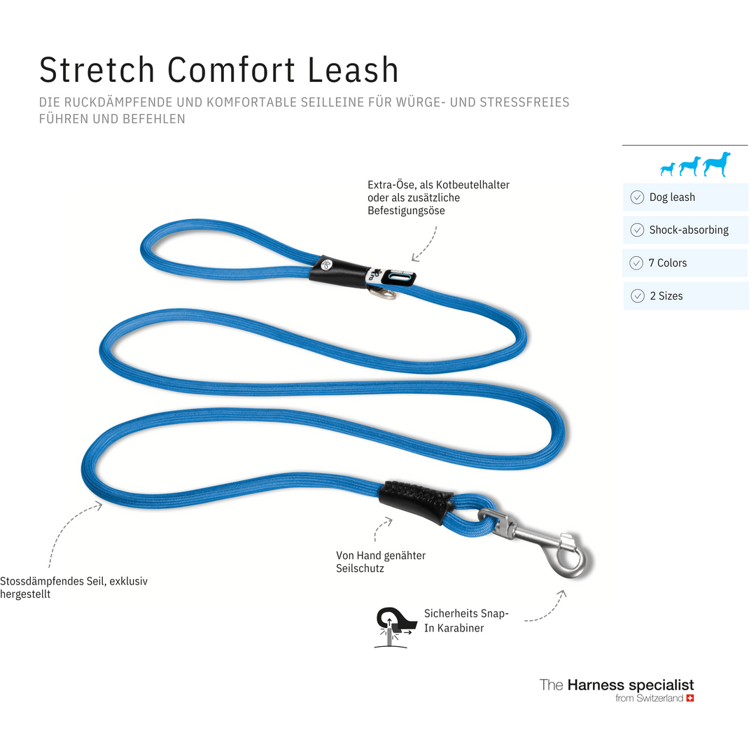 Blaue Stretch Comfort Hundeleine mit stoßdämpfendem Seil, Kotbeutel-Öse und Sicherheits-Karabiner