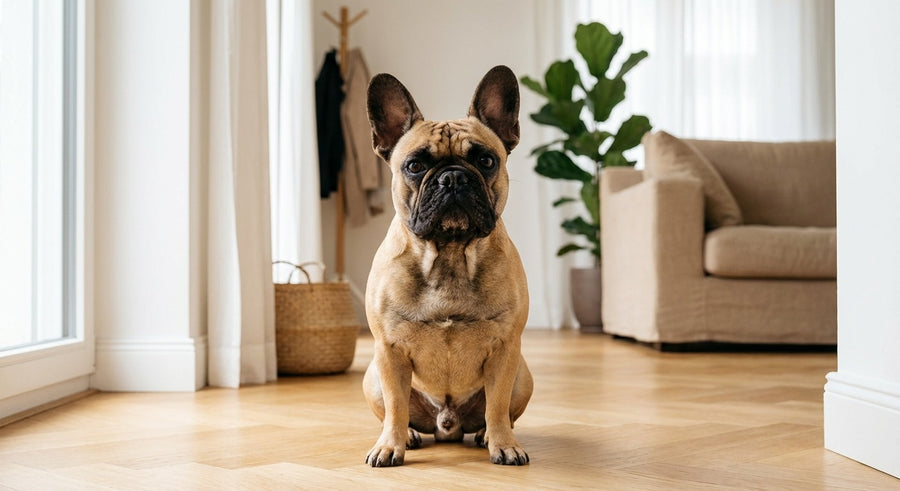 Französische Bulldogge sitzt aufmerksam in einem hellen europäischen Flur
