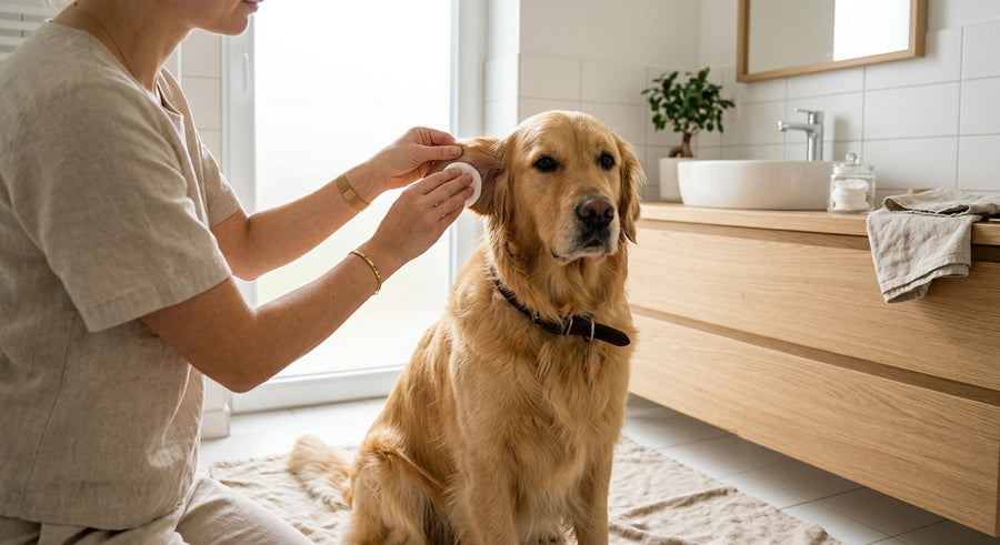 Golden Retriever neben einer Futterschale in einer hellen europäischen Küche