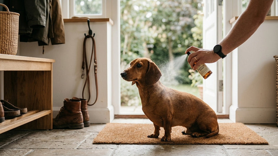 Dackel wird vor dem Spaziergang mit Zeckenschutz-Spray eingesprueht taegliche Praevention