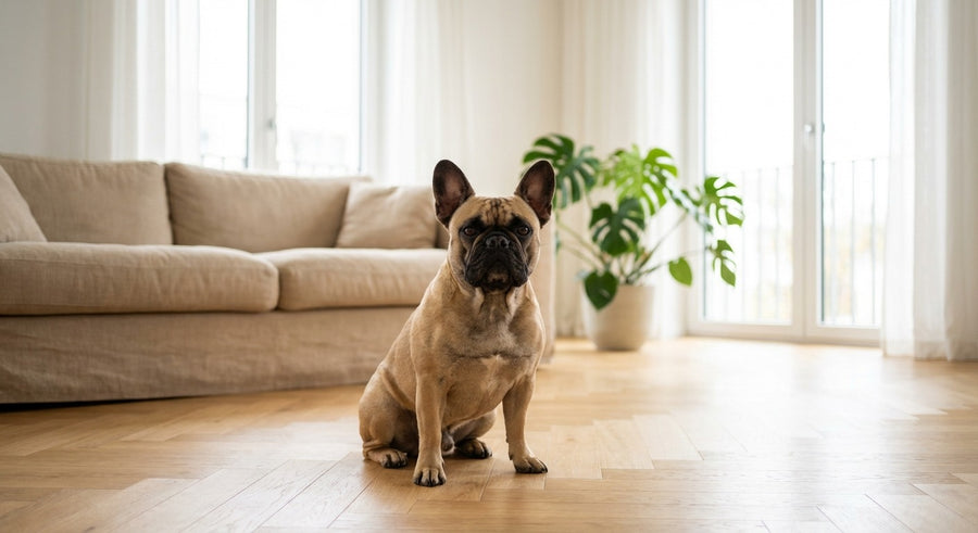 Französische Bulldogge Portrait in einem hellen skandinavischen Wohnzimmer
