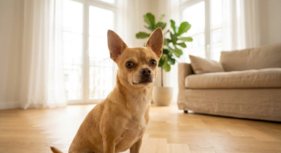 Chihuahua Portrait in einem hellen skandinavischen Wohnzimmer