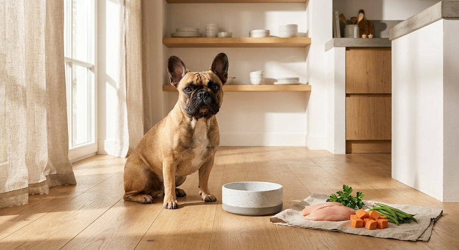 Französische Bulldogge neben einer Futterschale in einer hellen europäischen Küche