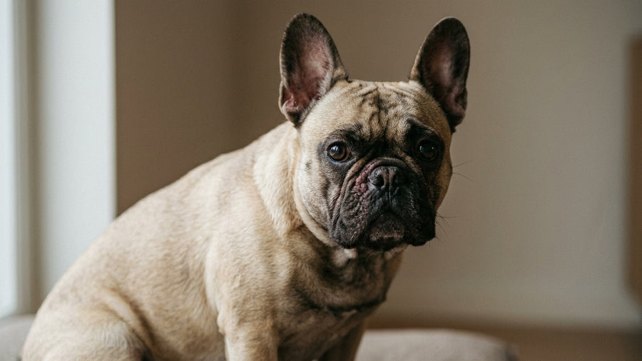 Franzoesische Bulldogge mit leicht geroeteter Haut an Nasenfalten blickt wuerdevoll in Kamera