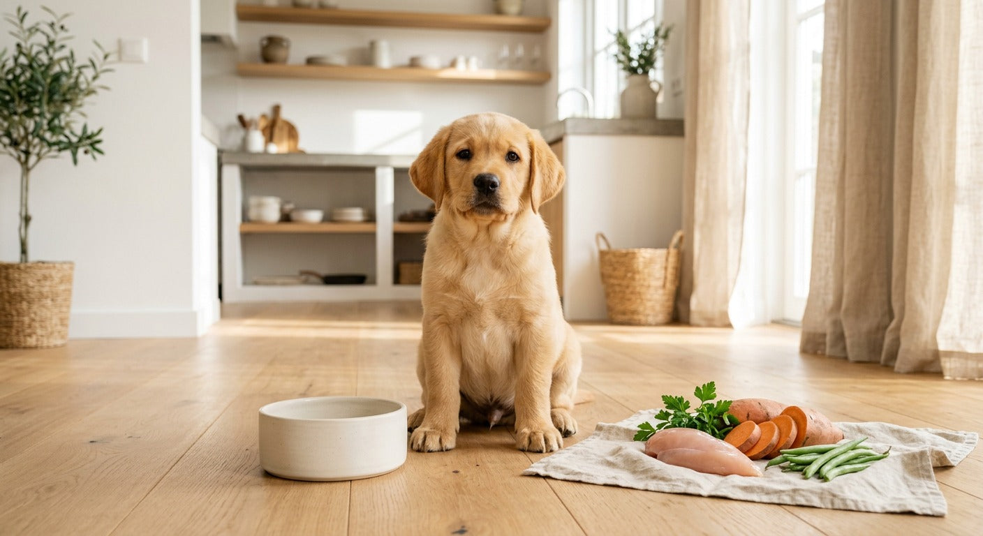 Labrador Retriever neben einer Futterschale in einer hellen europäischen Küche