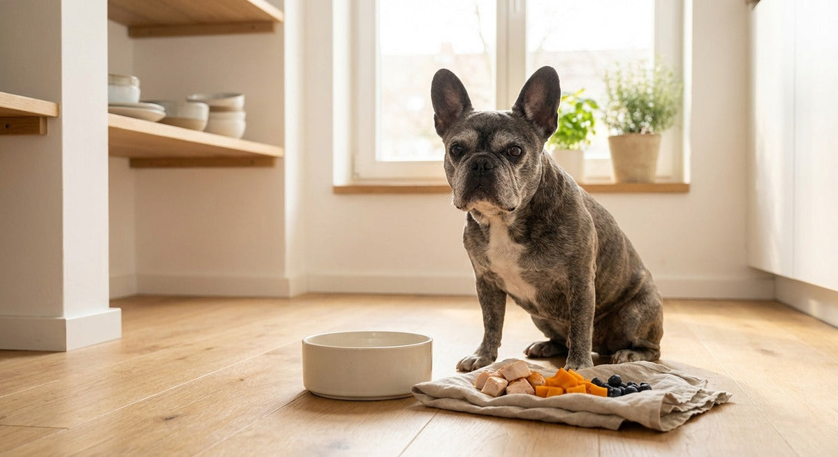 Aelterer Hund neben speziellem Senior-Hundefutter im Napf