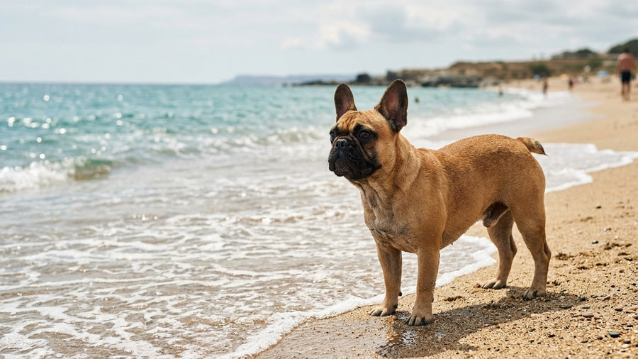 Franzoesische Bulldogge steht am Strand und blickt aufs Meer Traumurlaub mit Hund