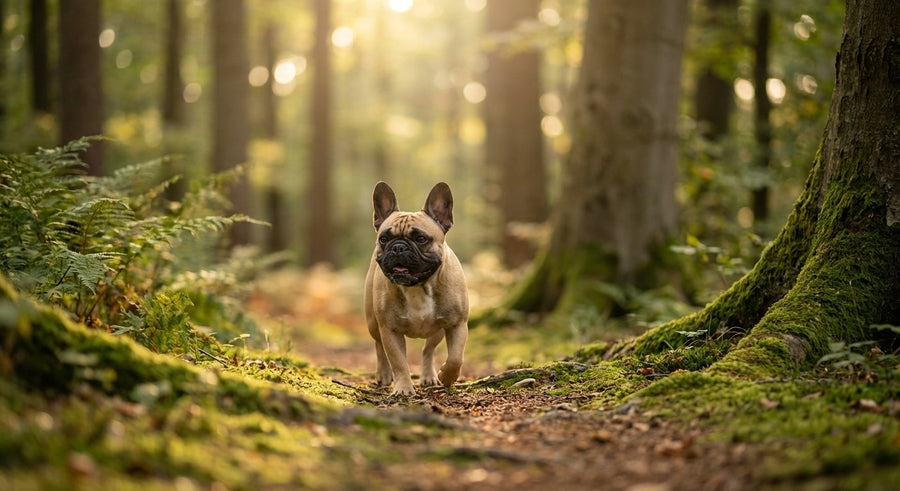 Französische Bulldogge Portrait in einem hellen skandinavischen Wohnzimmer