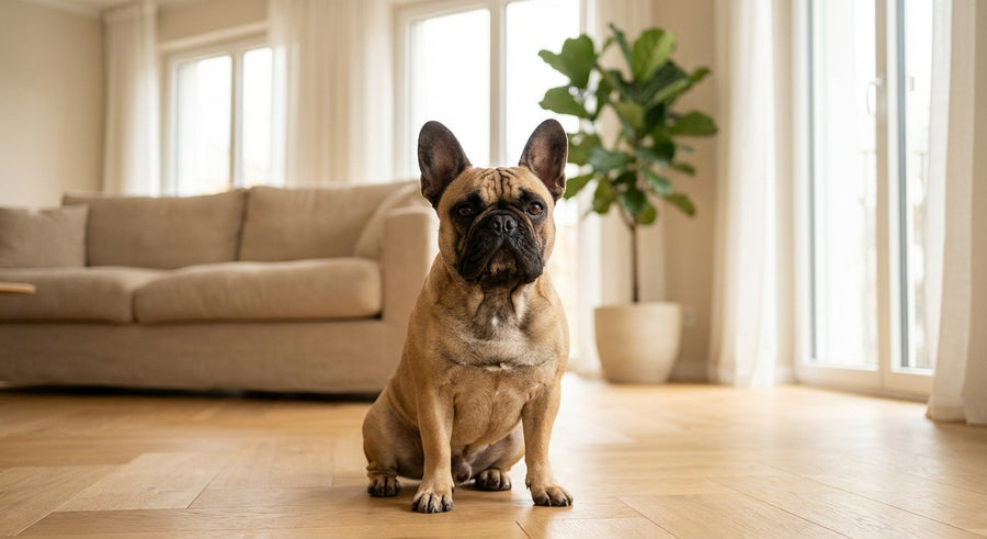 Französische Bulldogge Portrait in einem hellen skandinavischen Wohnzimmer