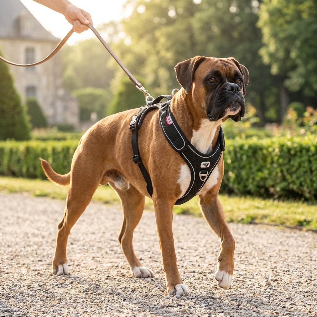 Boxer trägt Comfort Pro Hundegeschirr in europäischem Park