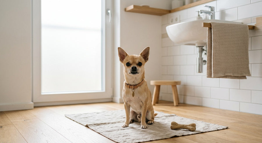 Chihuahua wird liebevoll in einem modernen hellen Badezimmer gepflegt