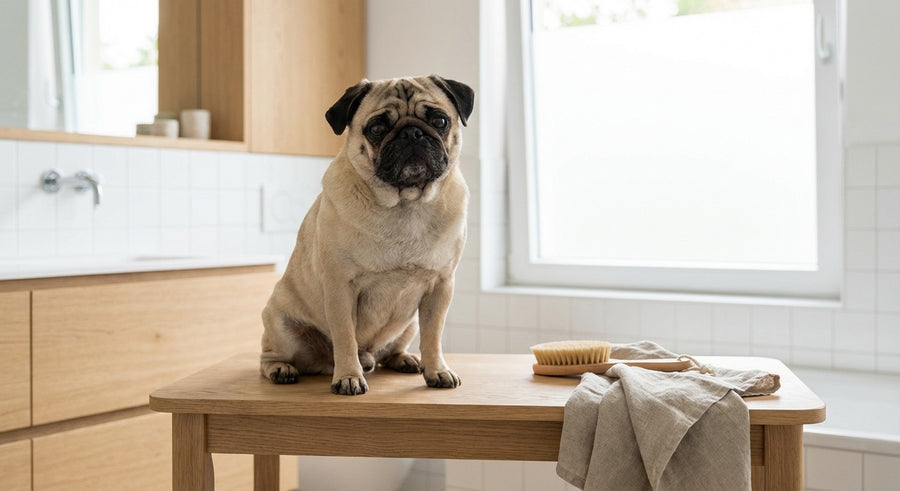 Mops neben einer Futterschale in einer hellen europäischen Küche