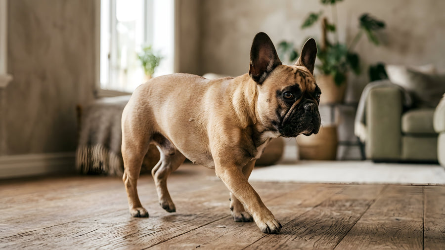 Französische Bulldogge entspannt sich zufrieden in warmem Nachmittagslicht