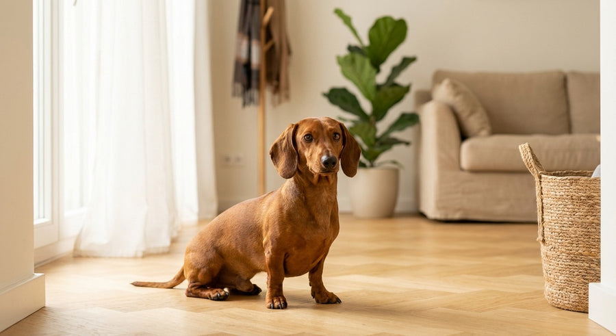 Dackel sitzt aufmerksam in einem hellen europäischen Flur