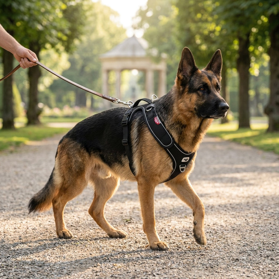 Deutscher Schäferhund trägt Comfort Pro Hundegeschirr in europäischem Park