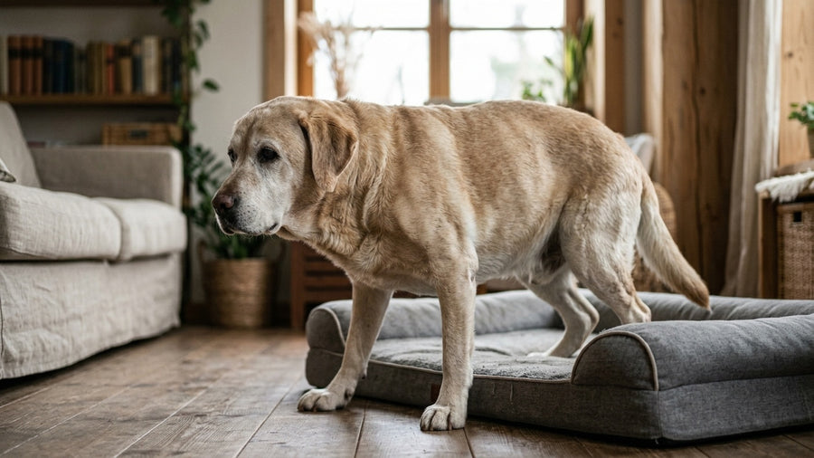 Aelterer Labrador steht steif aus Hundebett auf Gelenkprobleme die Gruenlippmuschel lindern kann