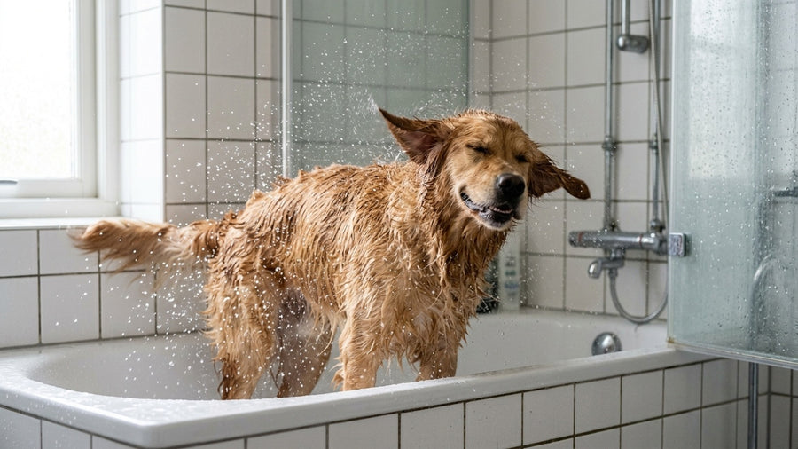 Golden Retriever schuettelt sich nach dem Bad Wassertropfen fliegen nasses glaenzendes Fell