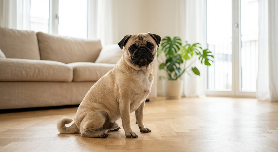 Mops Portrait in einem hellen skandinavischen Wohnzimmer