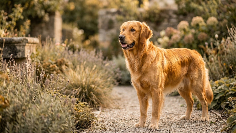 Golden Retriever mit spektakulaer glaenzendem Fell im Sonnenlicht Ergebnis von Lachsoel-Supplementierung