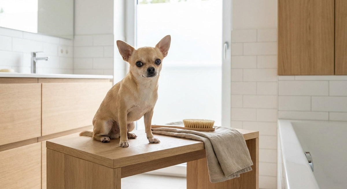 Chihuahua neben einer Futterschale in einer hellen europäischen Küche