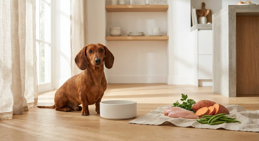 Dackel neben einer Futterschale in einer hellen europäischen Küche