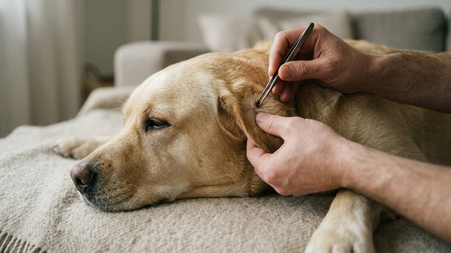 Zecke wird mit Zeckenzange hinter dem Ohr eines Labradors praezise entfernt Nahaufnahme