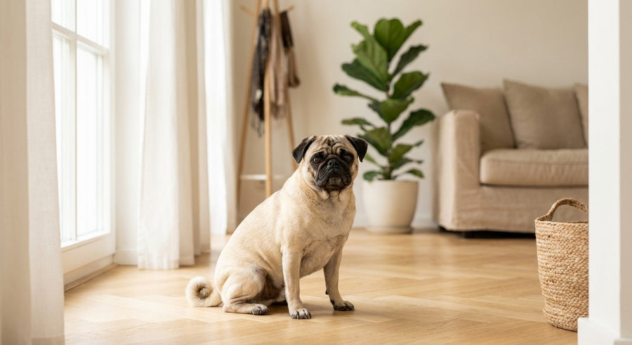 kleiner Hund sitzt aufmerksam in einem hellen europäischen Flur