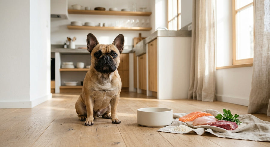 Französische Bulldogge neben einer Futterschale in einer hellen europäischen Küche