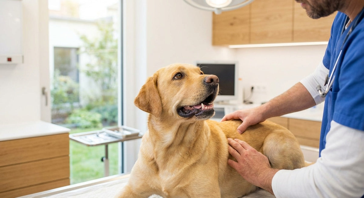 Goldener Labrador bei Tierarzt-Hüftuntersuchung in moderner Praxis