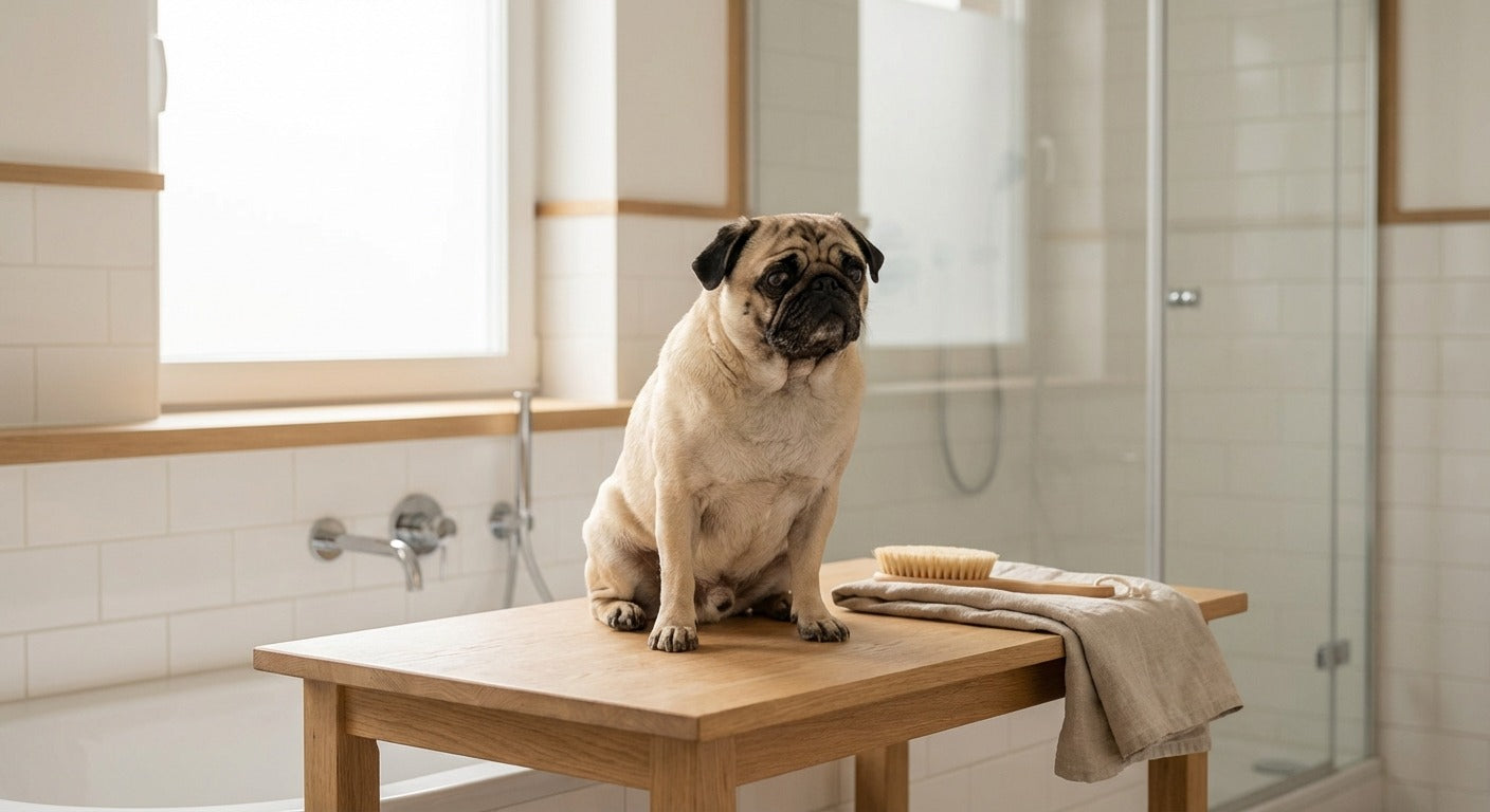 kleiner Hund wird liebevoll in einem modernen hellen Badezimmer gepflegt