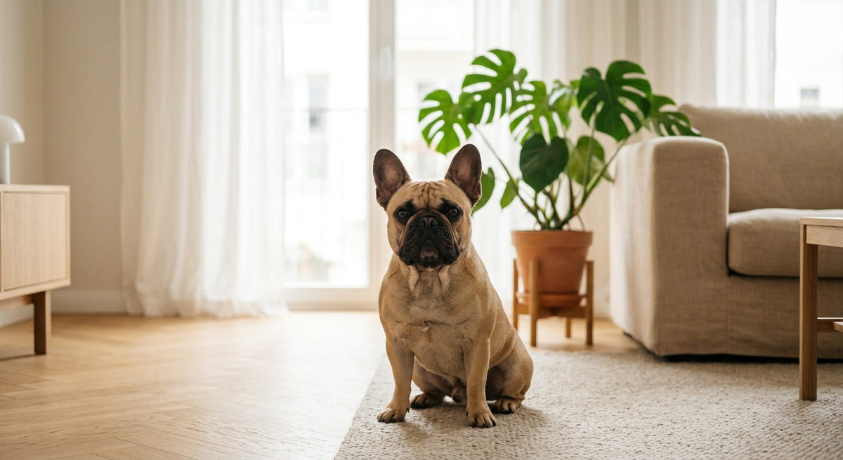Französische Bulldogge Portrait in einem hellen skandinavischen Wohnzimmer