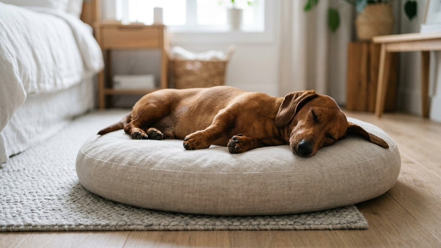 Dackel liegt ausgestreckt auf rundem Hundebett ohne Rand offene flache Schlafposition