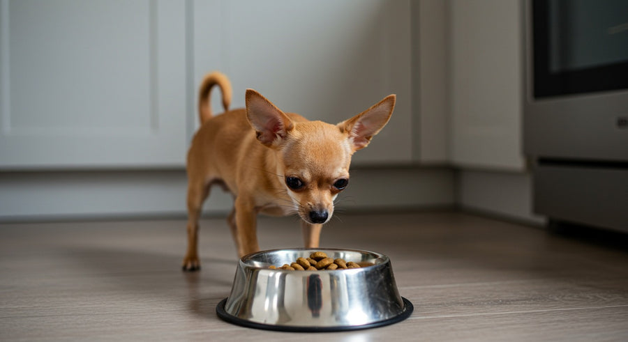 Chihuahua neben einer Futterschale in einer hellen europäischen Küche