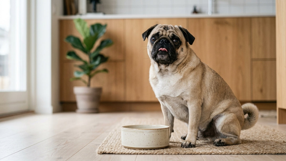Mops sitzt erwartungsvoll mit grossen Augen vor Futternapf der typische immer hungrige Blick