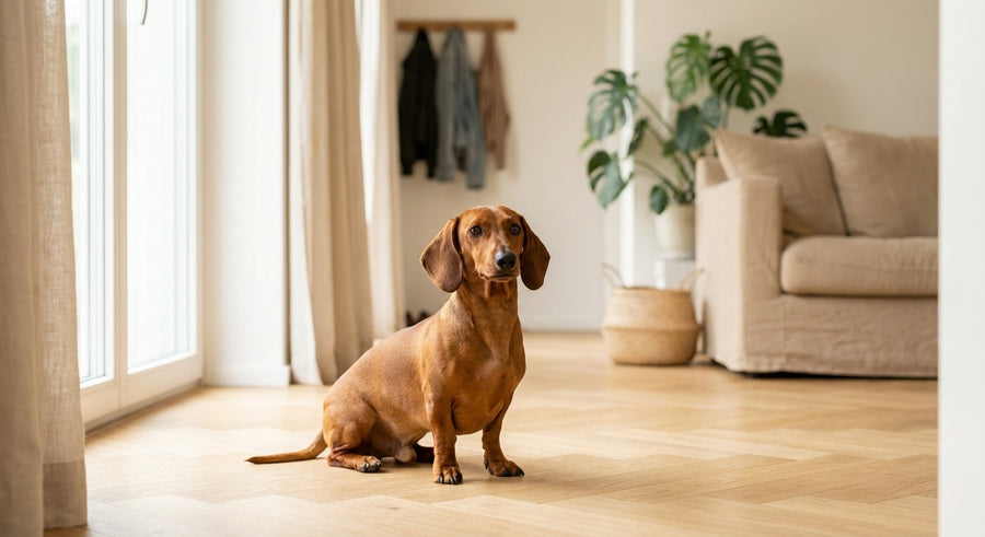 Französische Bulldogge sitzt aufmerksam in einem hellen europäischen Flur