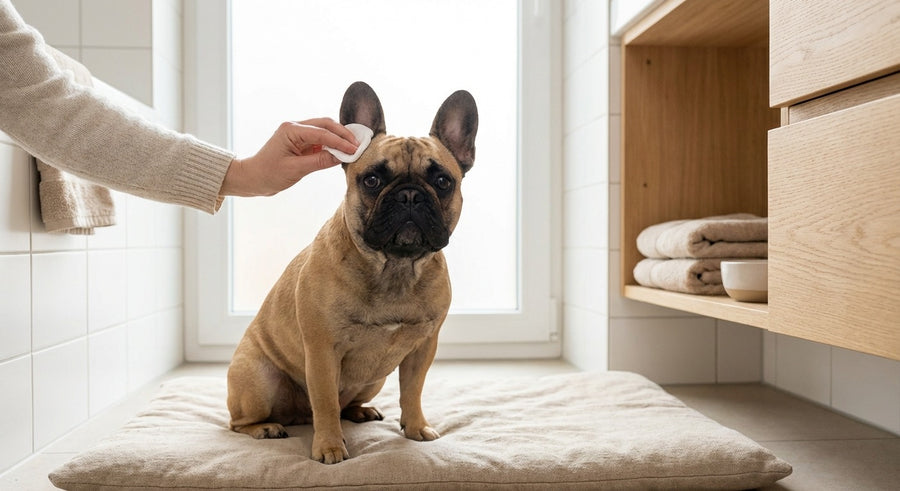 Französische Bulldogge neben einer Futterschale in einer hellen europäischen Küche