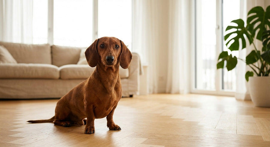 Französische Bulldogge Portrait in einem hellen skandinavischen Wohnzimmer