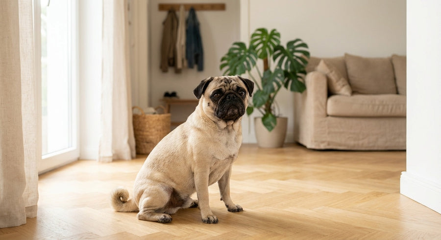 Mops sitzt aufmerksam in einem hellen europäischen Flur
