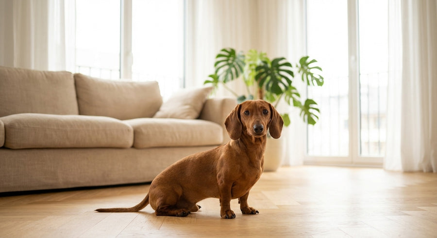 Dackel Portrait in einem hellen skandinavischen Wohnzimmer