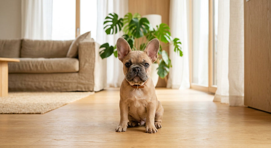 Französische Bulldogge Portrait in einem hellen skandinavischen Wohnzimmer
