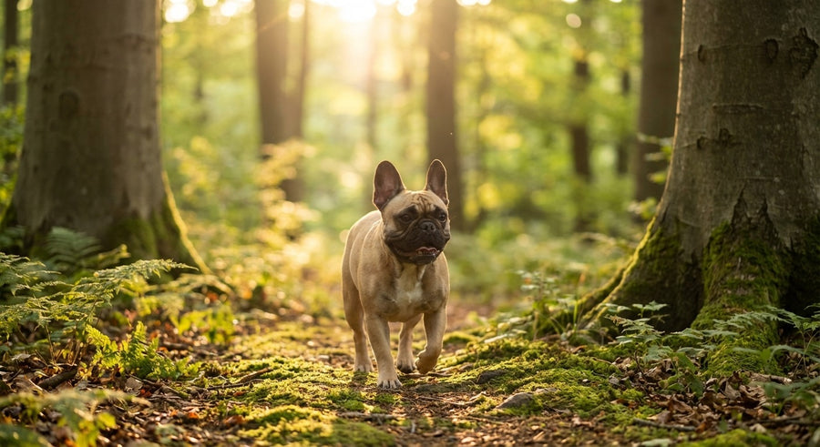 Französische Bulldogge sitzt aufmerksam in einem hellen europäischen Flur