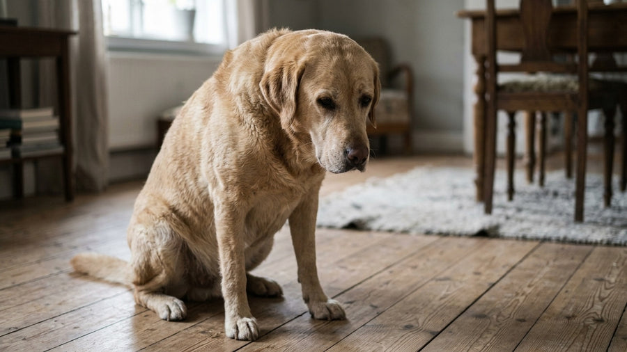 Labrador mit stumpfem mattem Fell ohne Glanz sichtbarer Omega-3-Mangel in der Ernaehrung