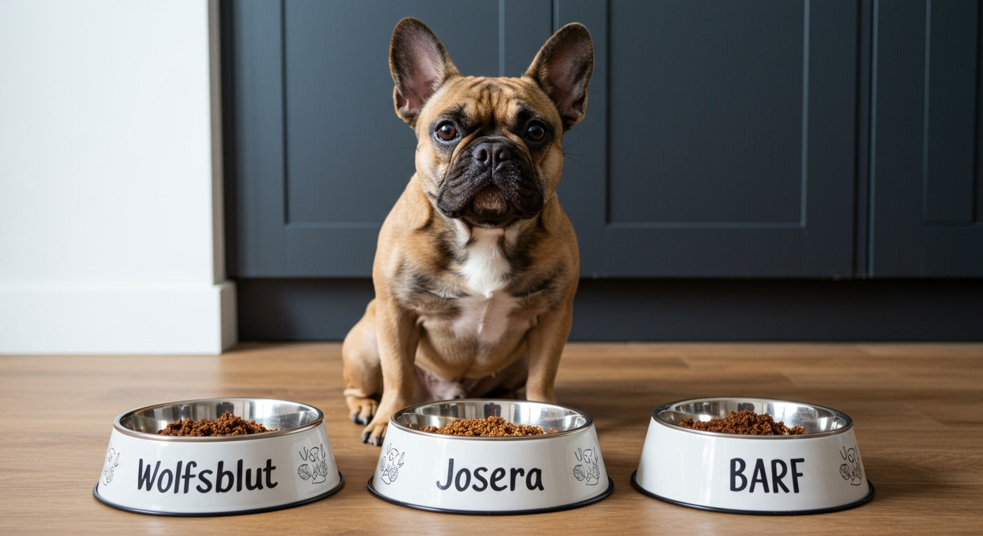 Französische Bulldogge neben einer hochwertigen Futterauswahl